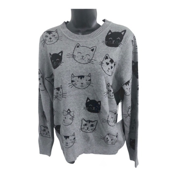 Gray ribbed crew neck black cat kitten feline printed long sleeve sweater size L - Picture 1 of 15